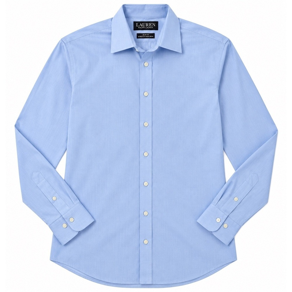 Ralph Lauren Mens Slim Fit Stretch Non Iron Dress Shirt Light Blue Size 17 34/35